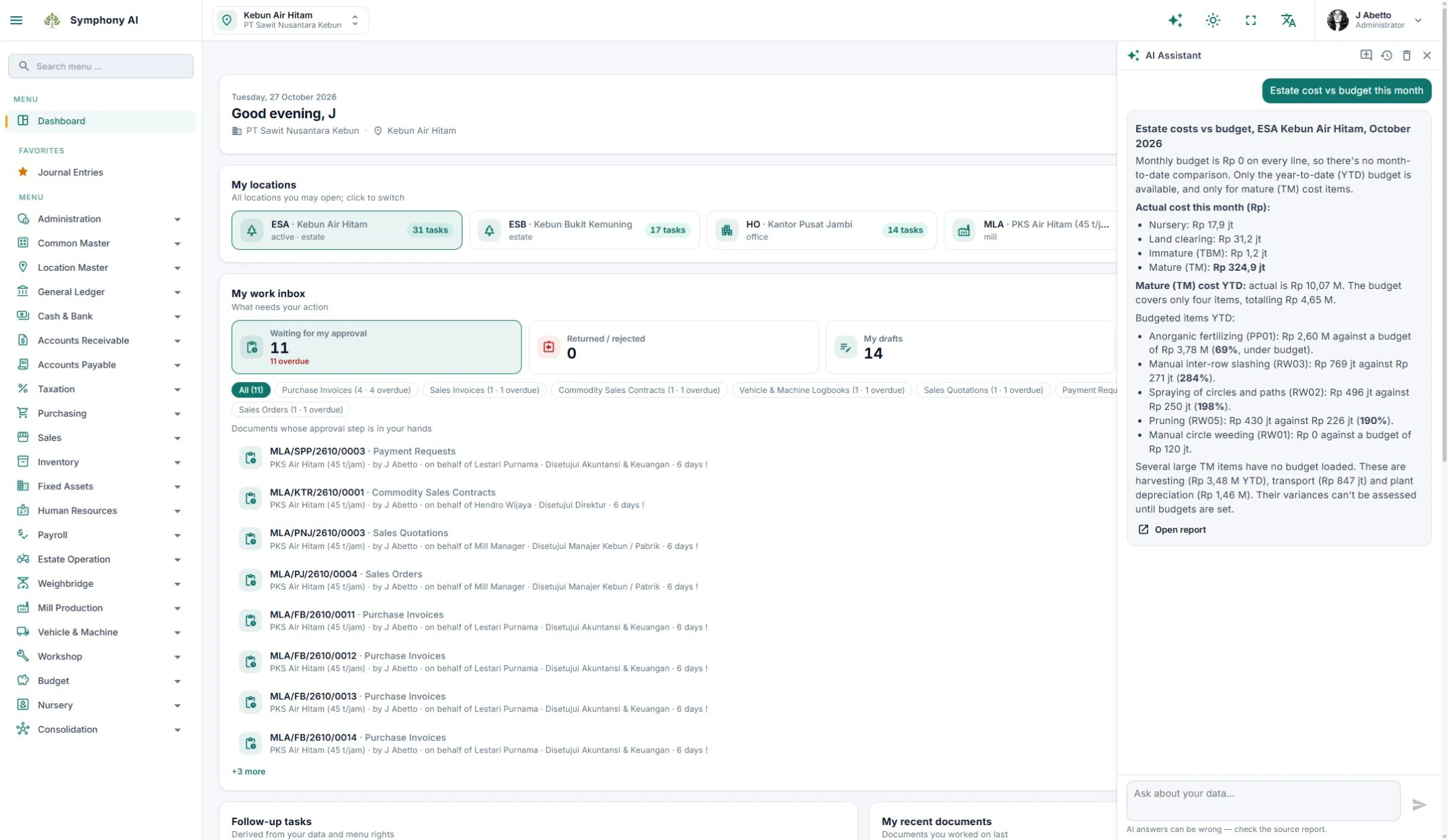 Symphony AI Assistant explaining estate costs versus budget in a plantation ERP dashboard