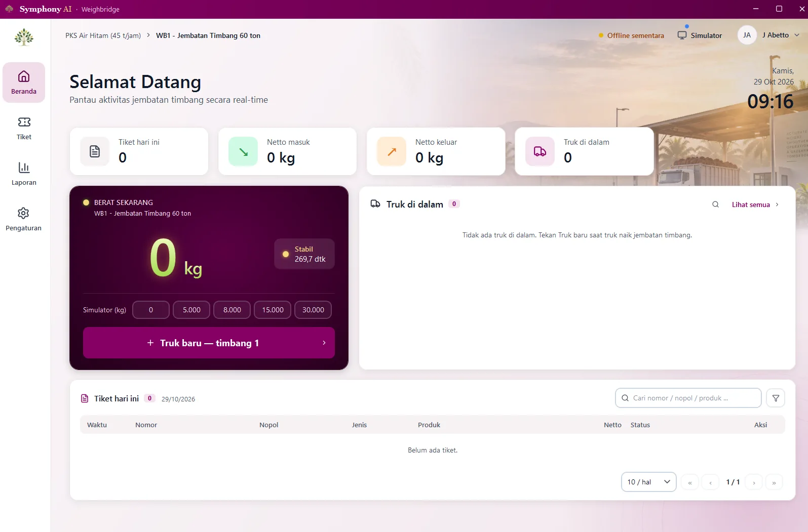 Symphony weighbridge dashboard: indicator weight, tickets and trucks on site, offline simulator mode