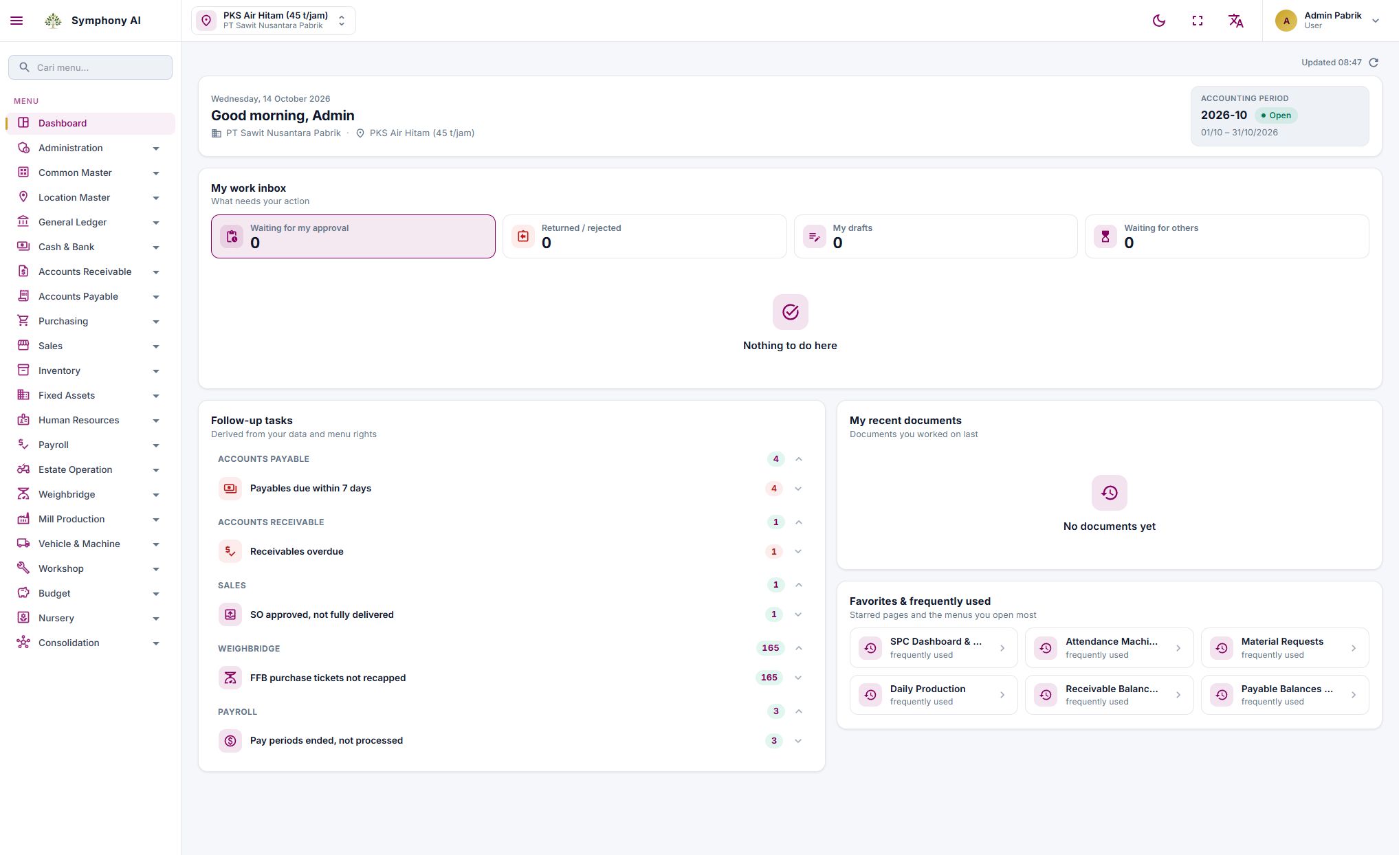Actual Symphony AI dashboard: locations, work, and documents