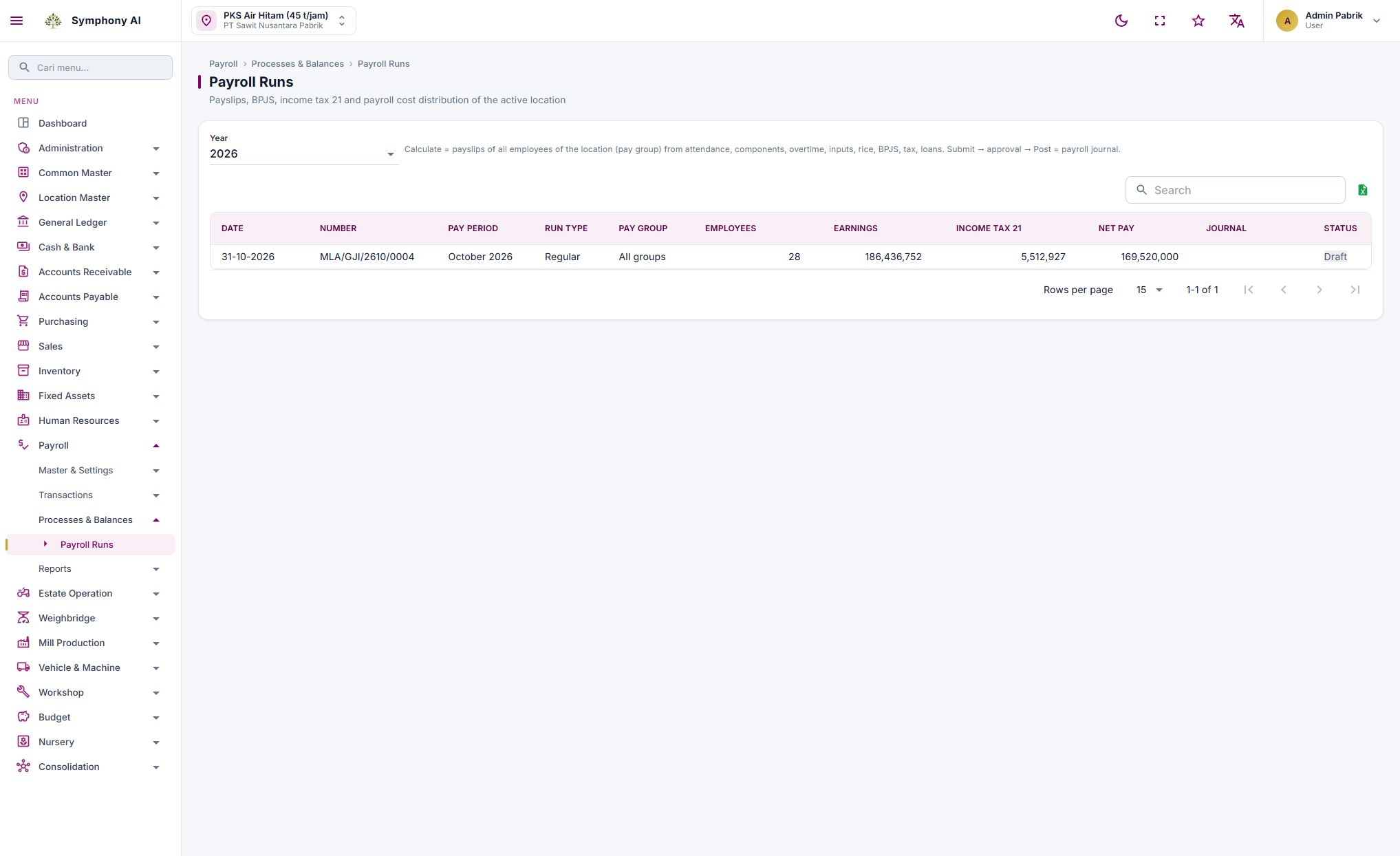Payroll processing summary in Symphony AI