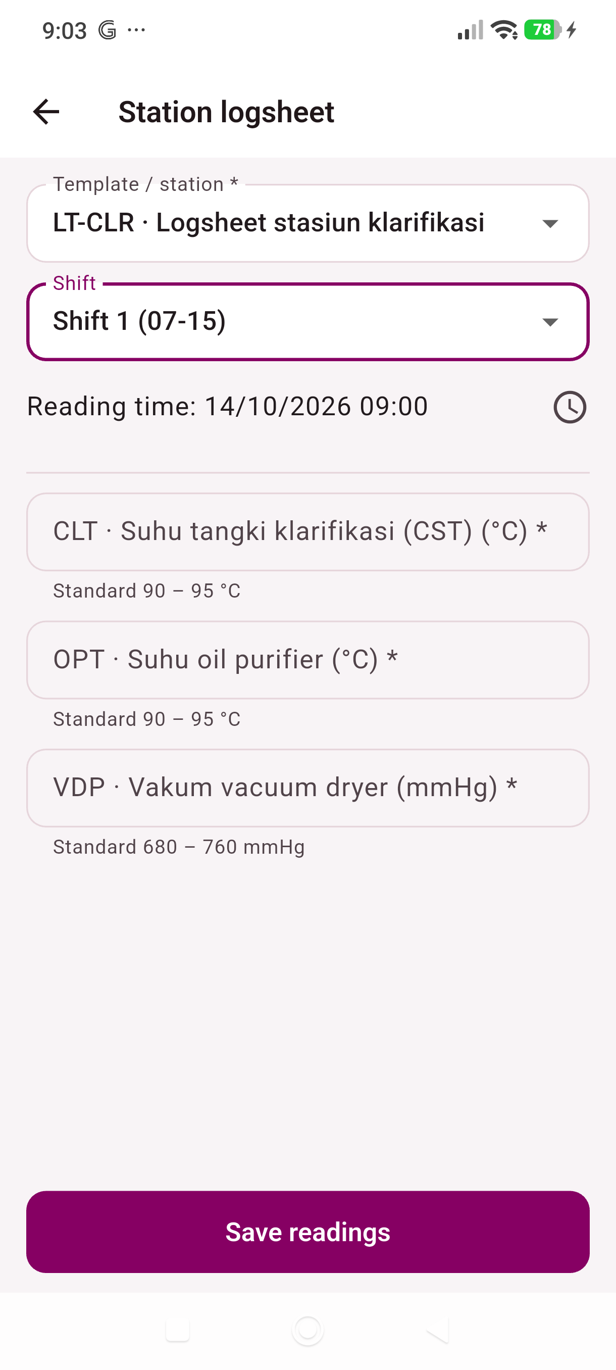 Clarification station logsheet in Symphony Mobile
