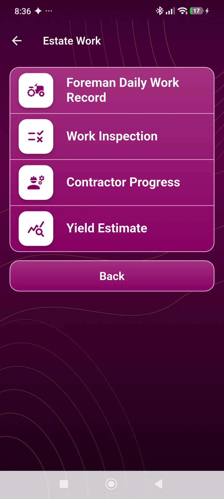 Symphony FieldMate - Estate Work: Foreman work records and inspections, Contractor progress, Harvest estimates
