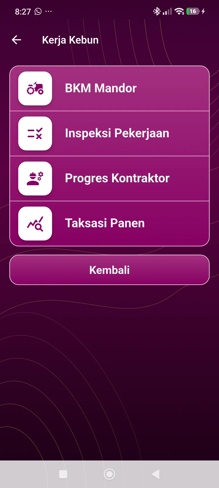 Symphony FieldMate - Kerja Kebun: BKM Mandor dan inspeksi pekerjaan, Progres kontraktor, Taksasi panen