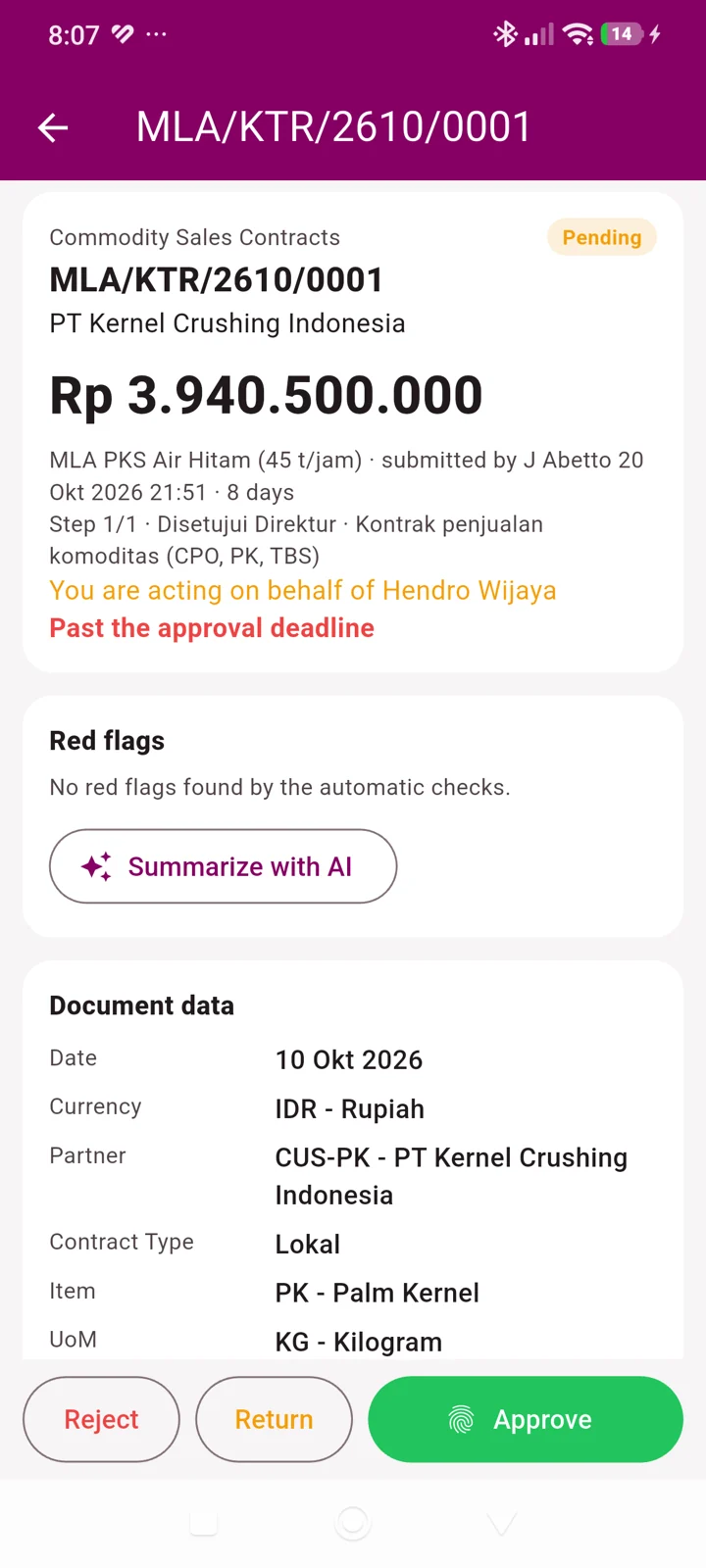 Symphony Insight commodity sales contract approval with Summarize with AI and automatic checks