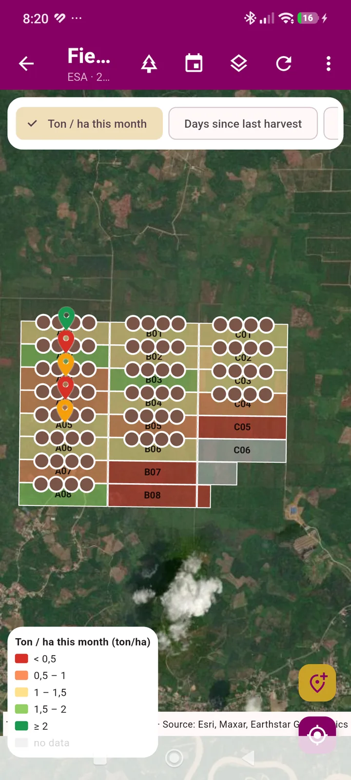 Symphony Insight satellite Field Map showing plantation blocks, yield per hectare and location markers