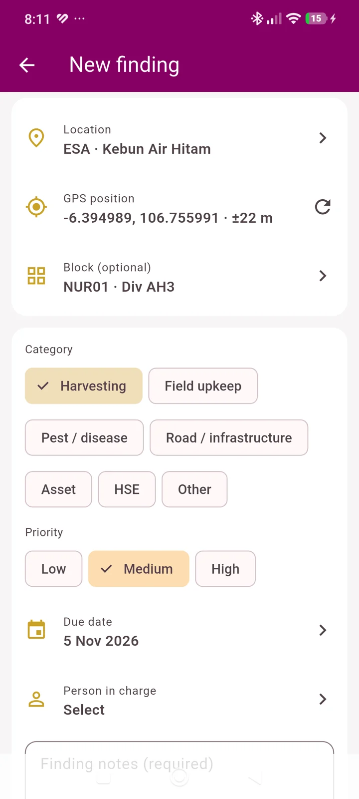 Symphony Insight New Finding form with GPS location, block, category, priority, due date and person in charge