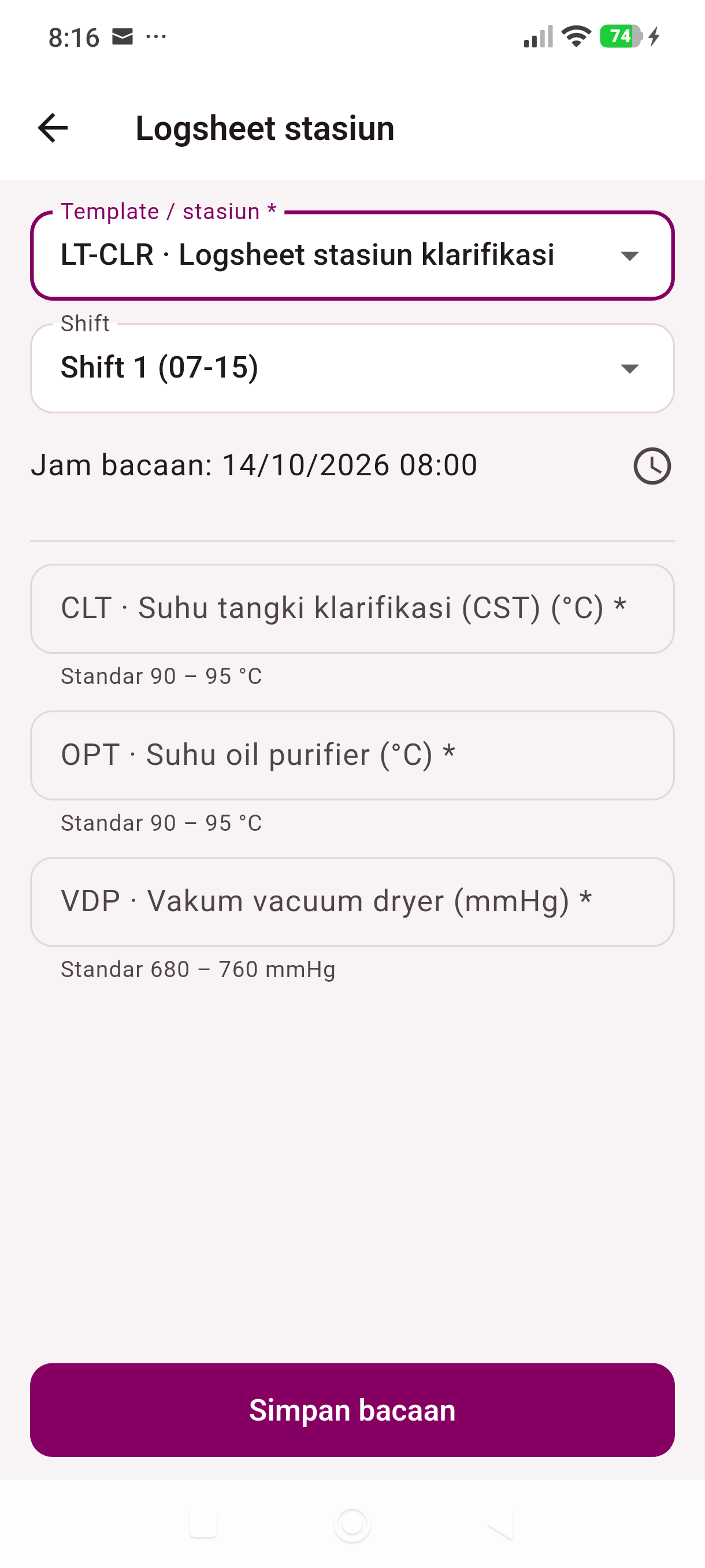 Logsheet stasiun klarifikasi pada Symphony Mobile