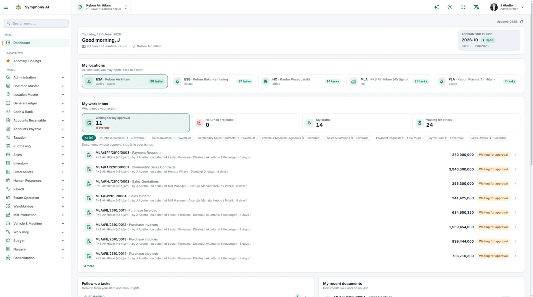 Symphony plantation ERP dashboard showing work inbox, approvals and follow-up priorities