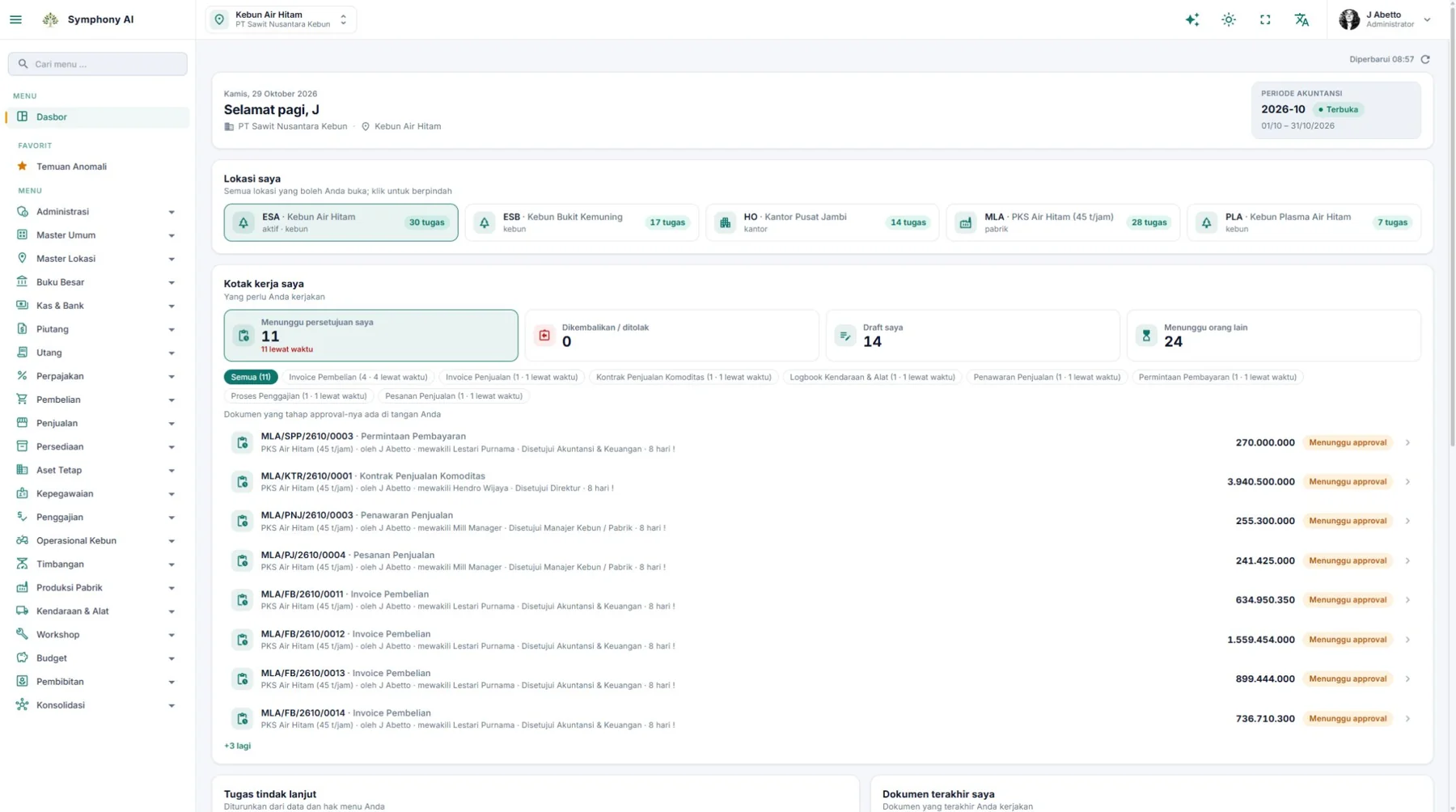 Dashboard ERP perkebunan Symphony menampilkan kotak kerja, approval dan prioritas tindak lanjut
