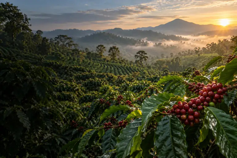 Illustration of a hillside coffee plantation with red coffee cherries