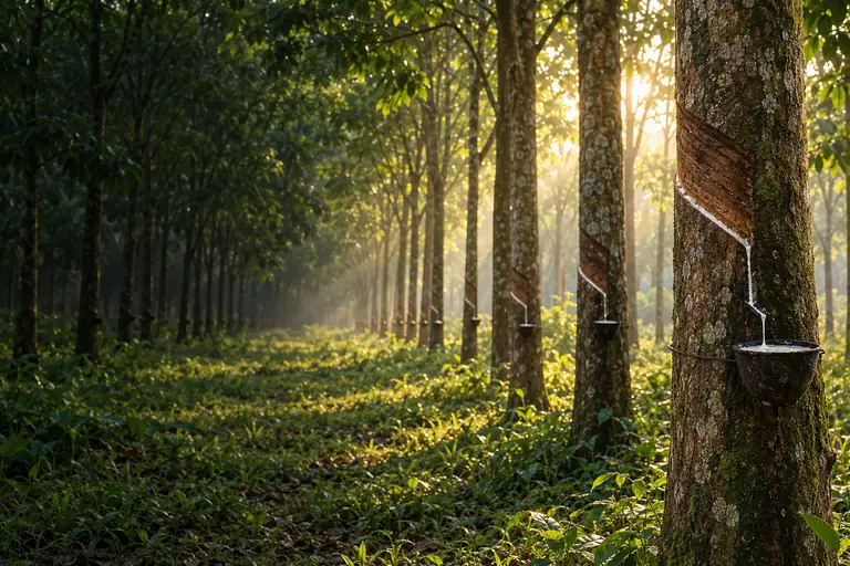 Illustration of a rubber plantation and latex tapping