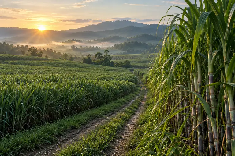 Illustration of a sugarcane plantation with rows of cane stalks