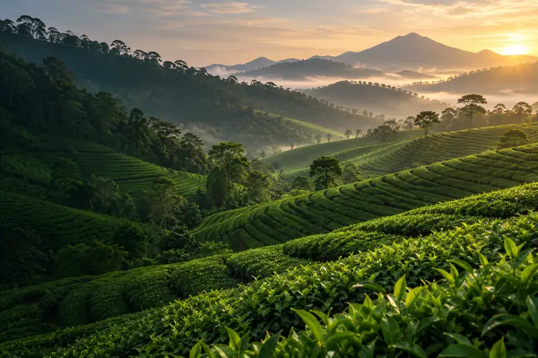 Illustration of tea rows on a hillside plantation